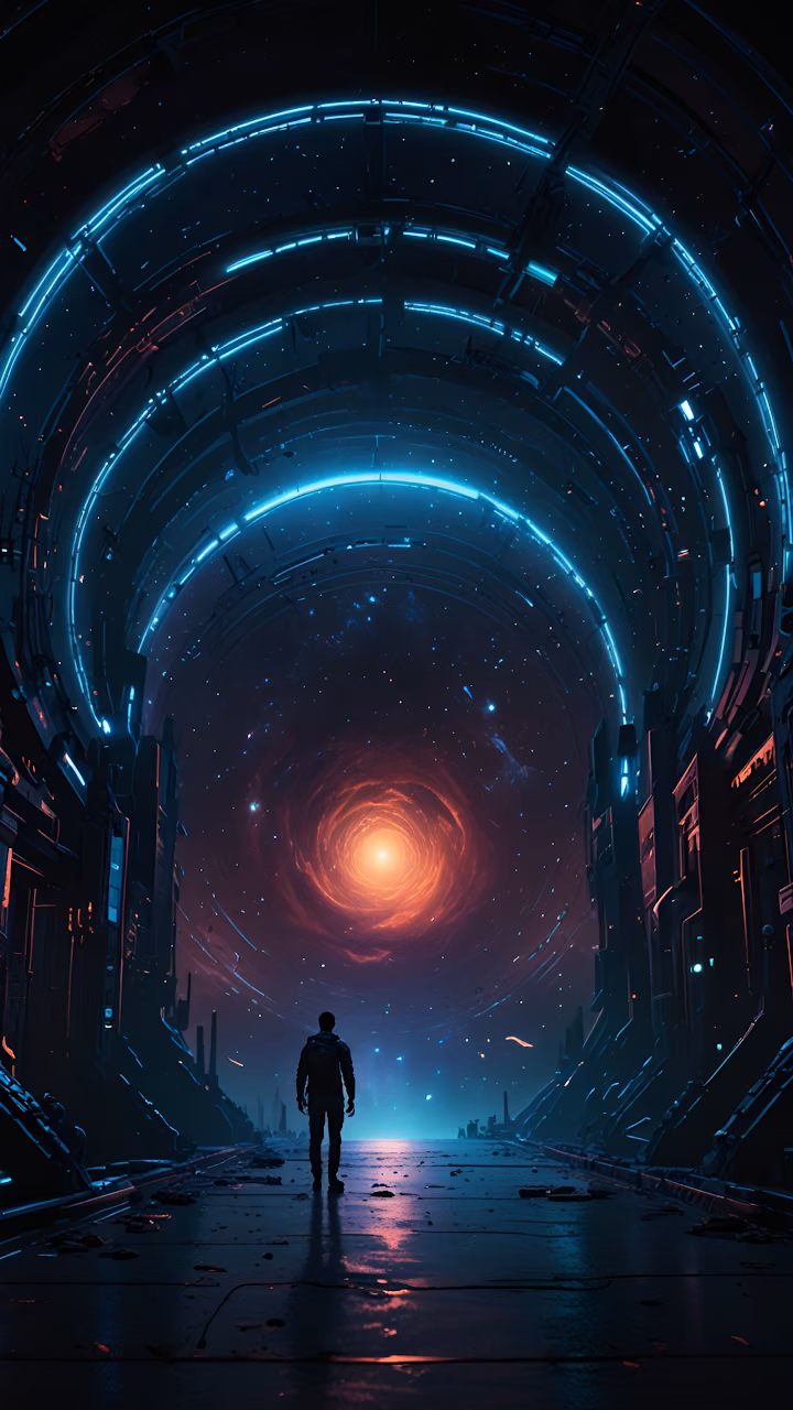 Traveler Entering Neon Sci-Fi Portal Towards Cosmic Nebula - Free Mobile AMOLED Wallpaper Background