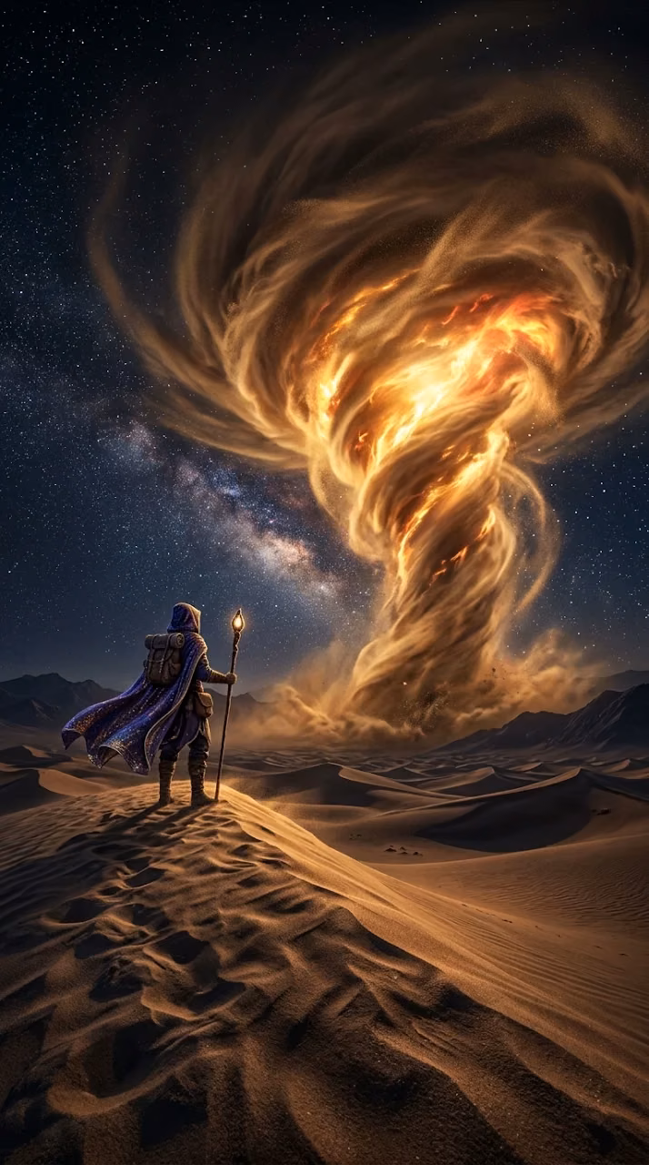 Download Traveler Observing Glowing Gold and Red Sandstorm in Desert at Night Wallpaper in Mobile HD Traveler Observing Glowing Gold and Red Sandstorm in Desert at Night - Free Mobile AMOLED Wallpaper Background