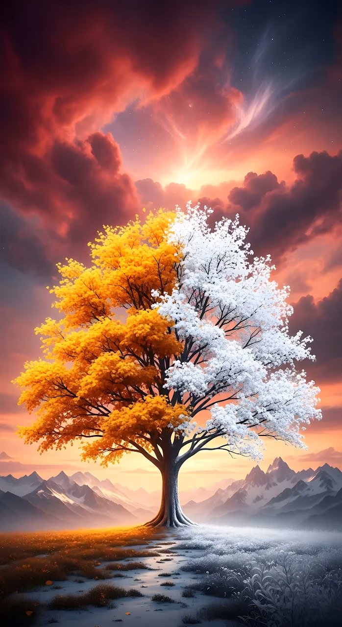Download Tree of Seasons Split Autumn and Winter Landscape Wallpaper in Mobile HD Tree of Seasons Split Autumn and Winter Landscape - Free Mobile AMOLED Wallpaper Background