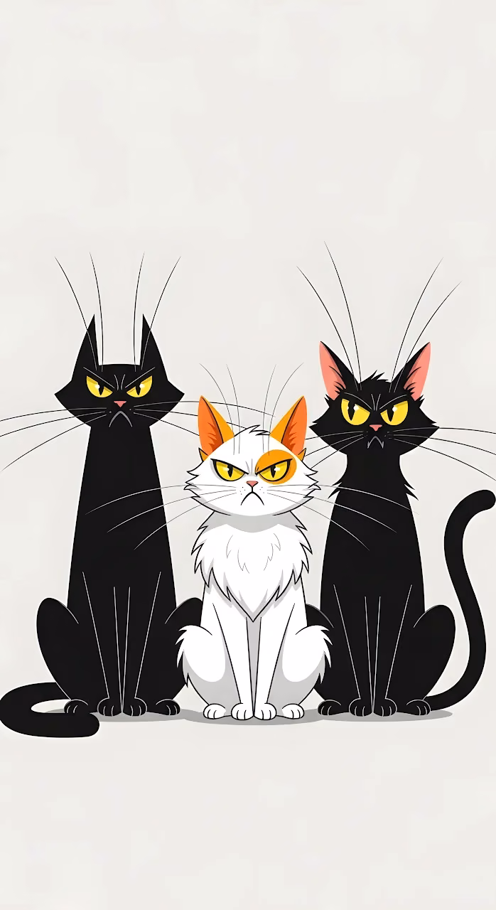Trio of Grumpy Cartoon Cats Illustration - Free Mobile AMOLED Wallpaper Background
