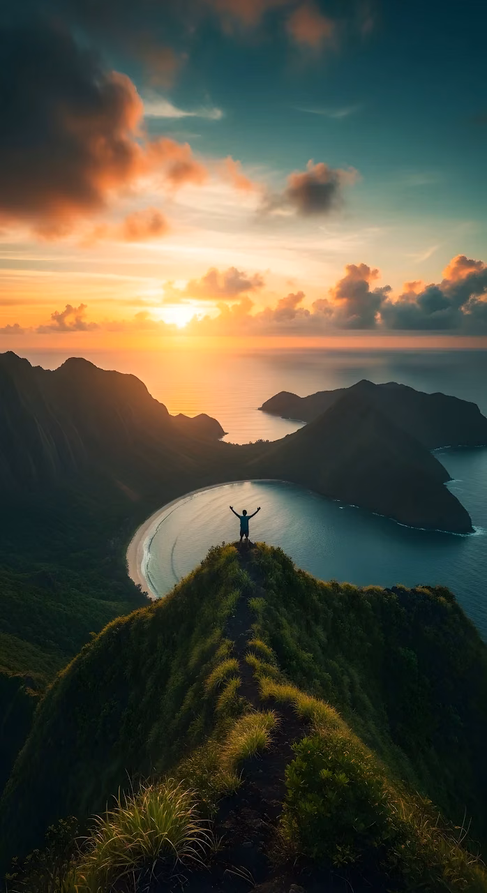 Triumphant Hiker on Mountain Ridge at Tropical Sunset - Free Mobile AMOLED Wallpaper Background