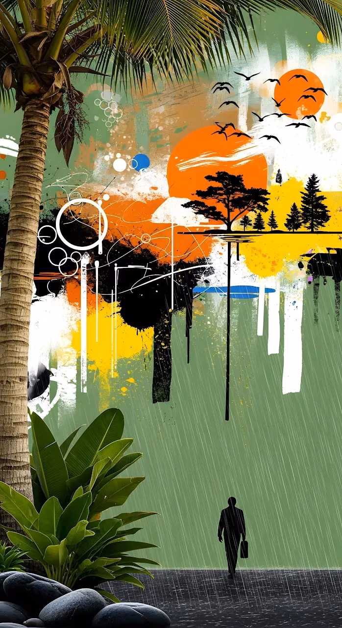 Download Tropical Abstract Collage with Rain and Palm Silhouette Wallpaper in Mobile HD Tropical Abstract Collage with Rain and Palm Silhouette - Free Mobile AMOLED Wallpaper Background