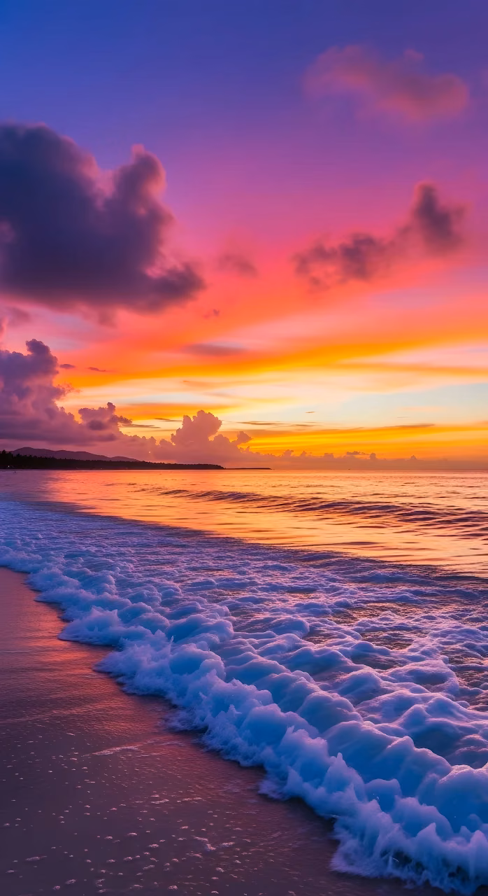 Tropical Beach Sunset with Neon Pink and Orange Sky - Free Mobile AMOLED Wallpaper Background