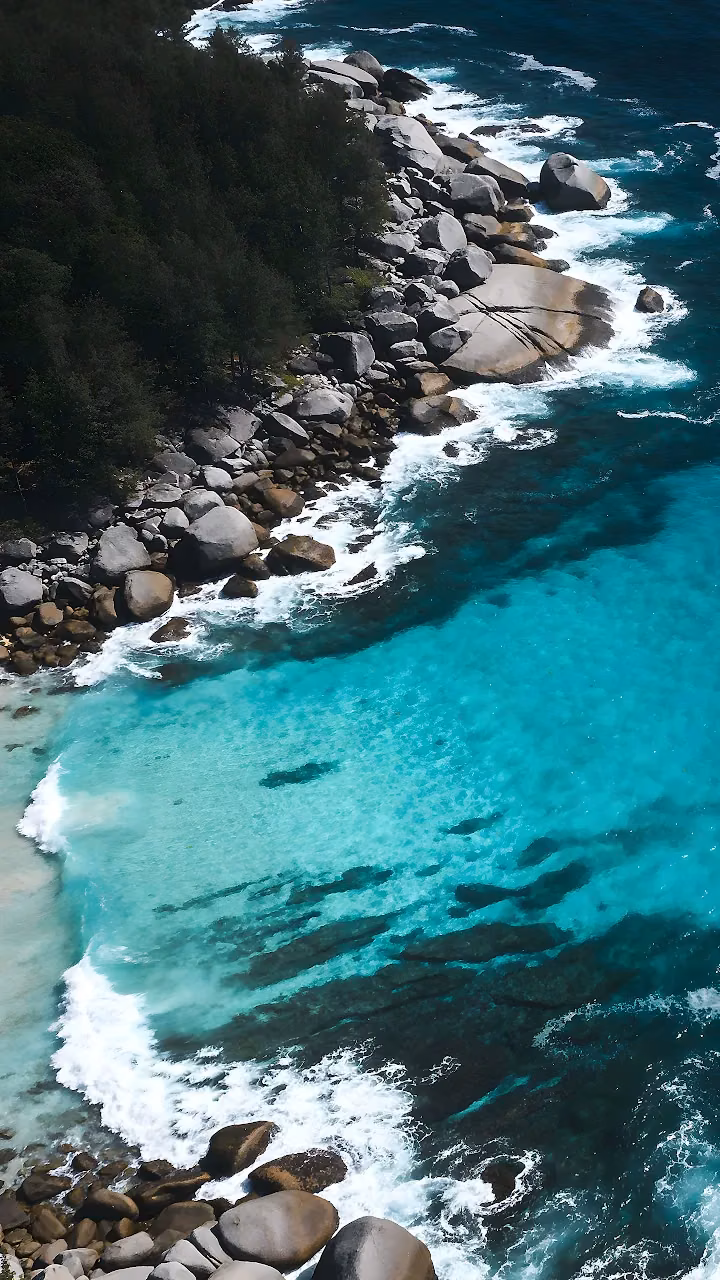Download Tropical Coastal Boulder Beach 4K Wallpaper in Mobile HD Top-down view of clear turquoise water and surf breaking on smooth rocky coastline.