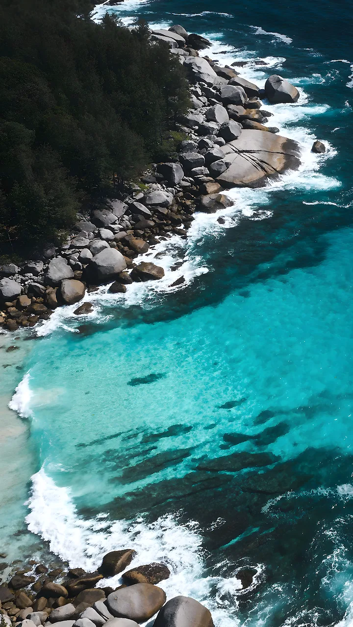 Download Tropical Coastal Boulder Beach 4K Wallpaper in Mobile HD Top-down view of clear turquoise water and surf breaking on smooth rocky coastline.