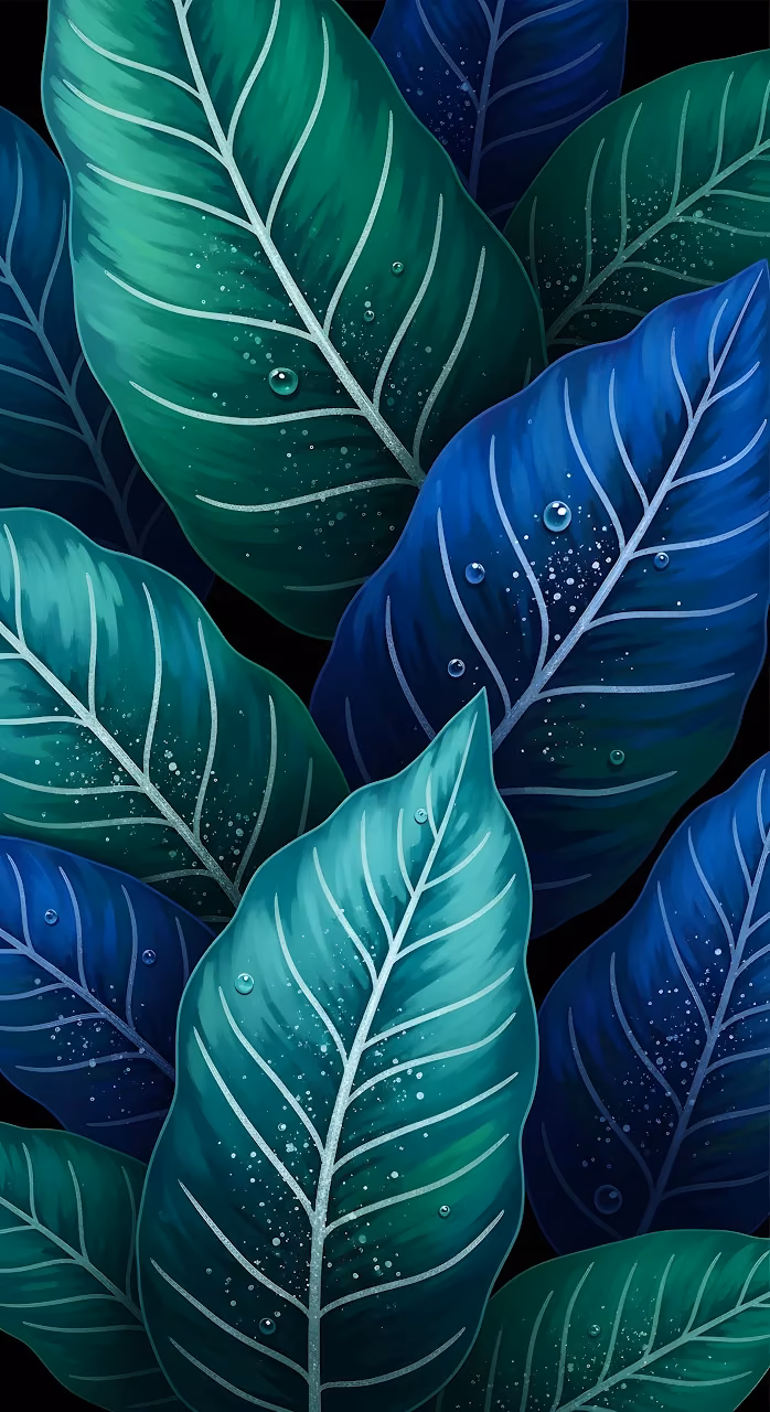 Download Tropical Foliage Illustration with Teal and Blue Leaves Wallpaper in Mobile HD Tropical Foliage Illustration with Teal and Blue Leaves - Free Mobile AMOLED Wallpaper Background