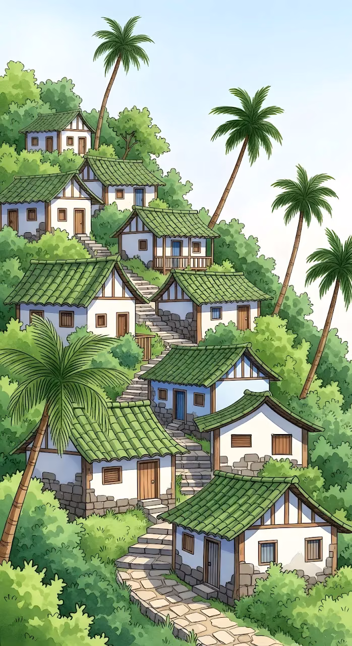 Download Tropical Hillside Village with Green Roofs and Palm Trees Wallpaper in Mobile HD Tropical Hillside Village with Green Roofs and Palm Trees - Free Mobile AMOLED Wallpaper Background