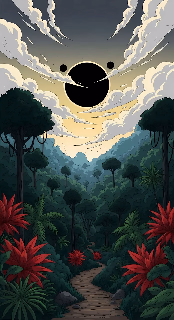 Tropical Jungle Path Under a Dramatic Black Solar Eclipse - Free Mobile AMOLED Wallpaper Background