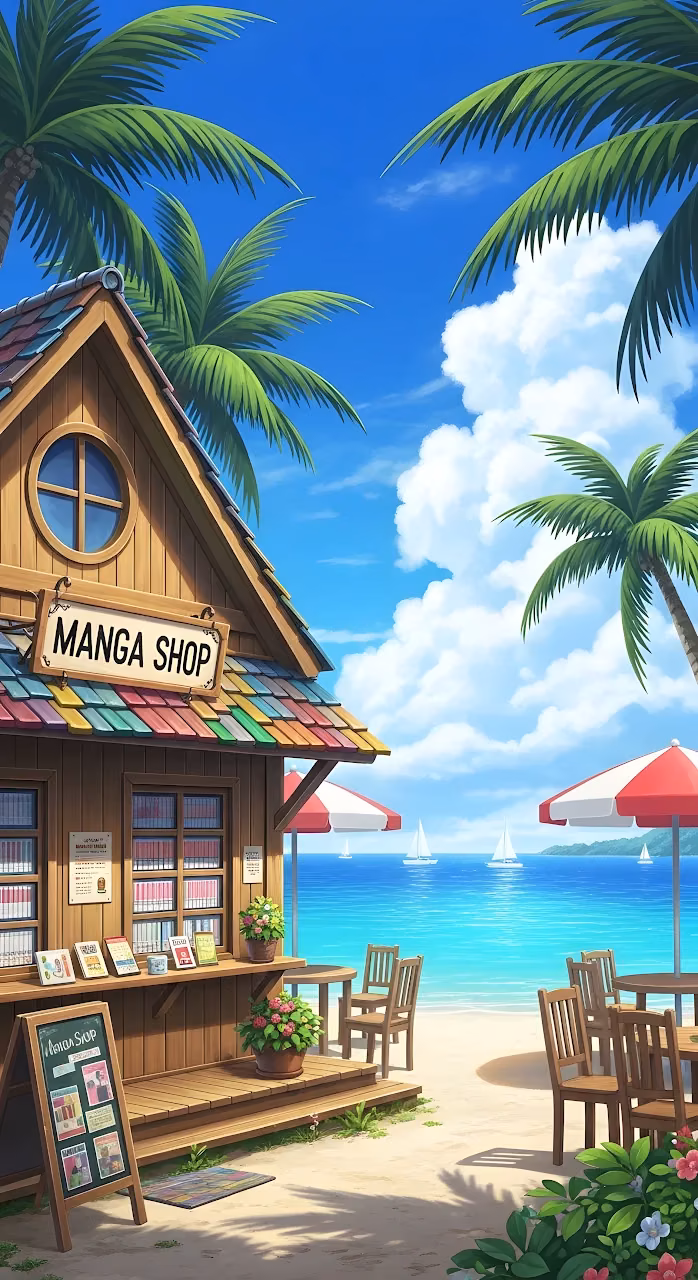 Tropical Manga Shop Beach Hut Anime Style Illustration - Free Mobile AMOLED Wallpaper Background