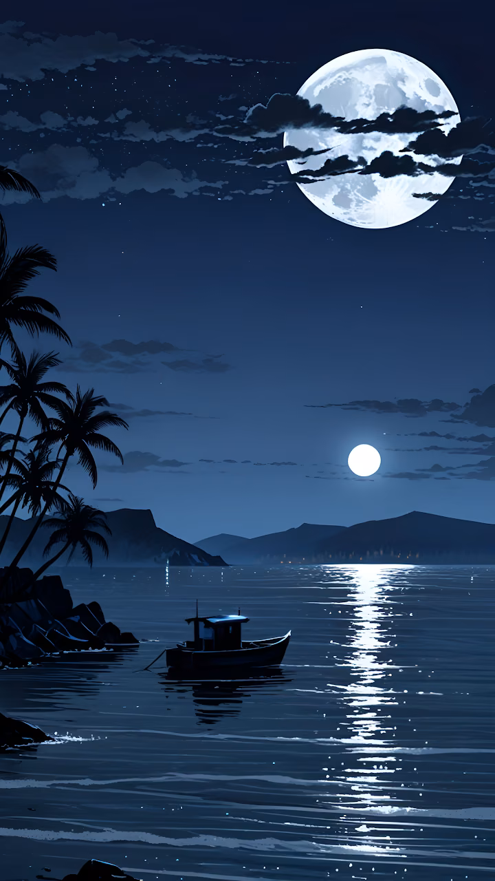Tropical Night Moonlit Bay with Fishing Boat Illustration - Free Mobile AMOLED Wallpaper Background