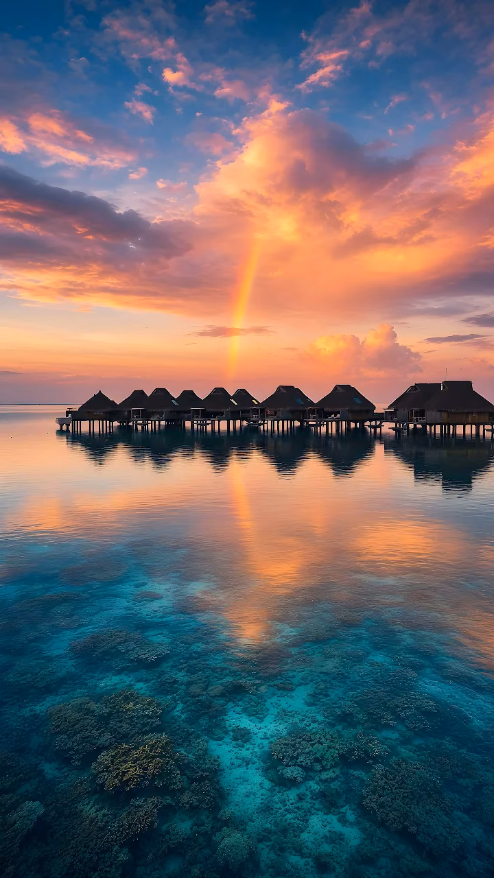 Download Tropical Overwater Bungalows Rainbow Sunset 4K Wallpaper in Mobile HD Thatched roof bungalows on stilts over clear turquoise water with a rainbow in pink sunset clouds.