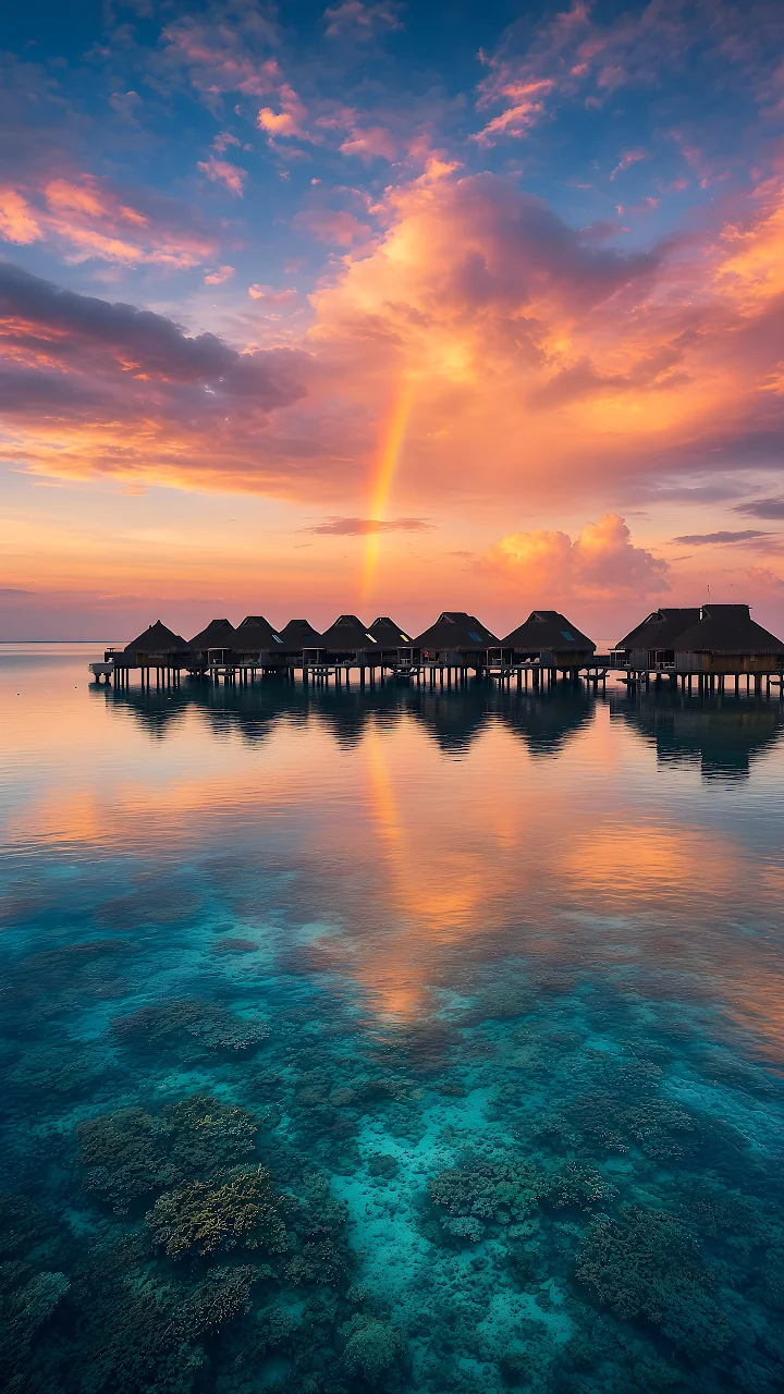 Download Tropical Overwater Bungalows Rainbow Sunset 4K Wallpaper in Mobile HD Thatched roof bungalows on stilts over clear turquoise water with a rainbow in pink sunset clouds.
