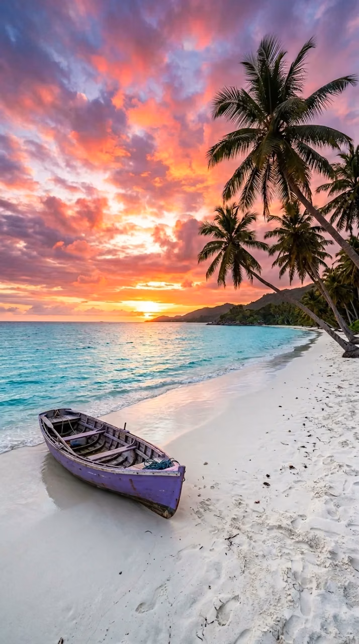 Download Tropical Paradise Beach at Sunset with Wooden Boat and Palm Trees Wallpaper in Mobile HD Tropical Paradise Beach at Sunset with Wooden Boat and Palm Trees - Free Mobile AMOLED Wallpaper Background