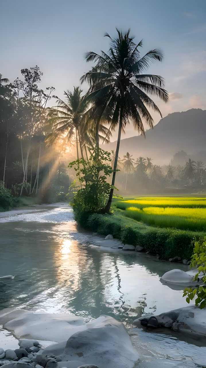 Download Tropical River Sunrise Palm Trees Rice Paddies Wallpaper in Mobile HD Tropical River Sunrise Palm Trees Rice Paddies - Free Mobile AMOLED Wallpaper Background
