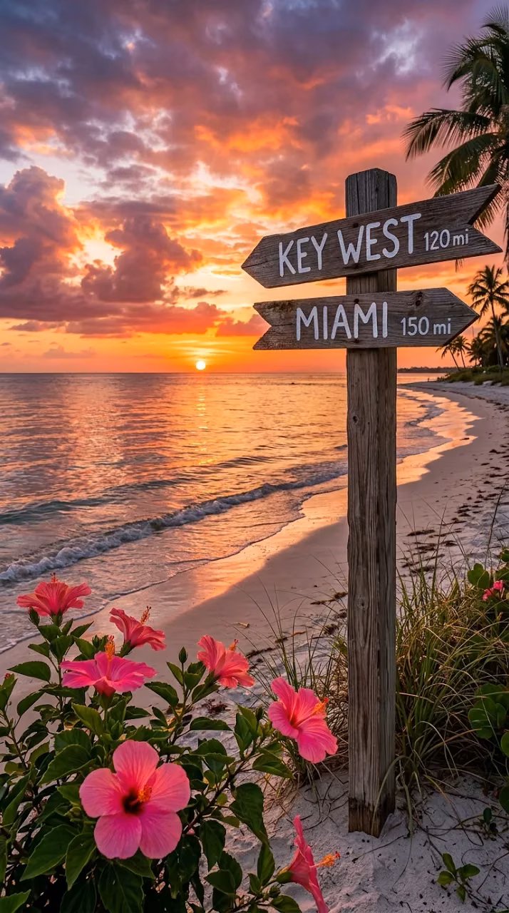 Tropical Sunset Beach with Miami and Key West Directional Signpost - Free Mobile AMOLED Wallpaper Background