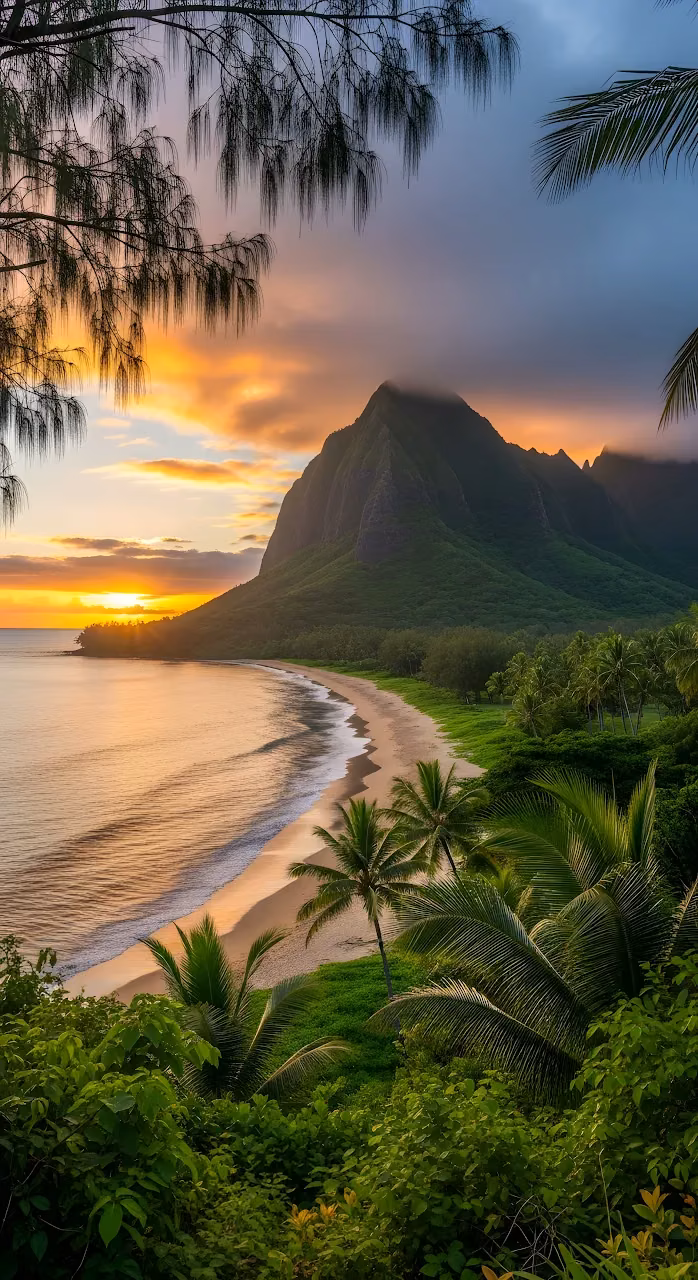 Tropical Sunset Over Secluded Hawaiian Beach Cove - Free Mobile AMOLED Wallpaper Background
