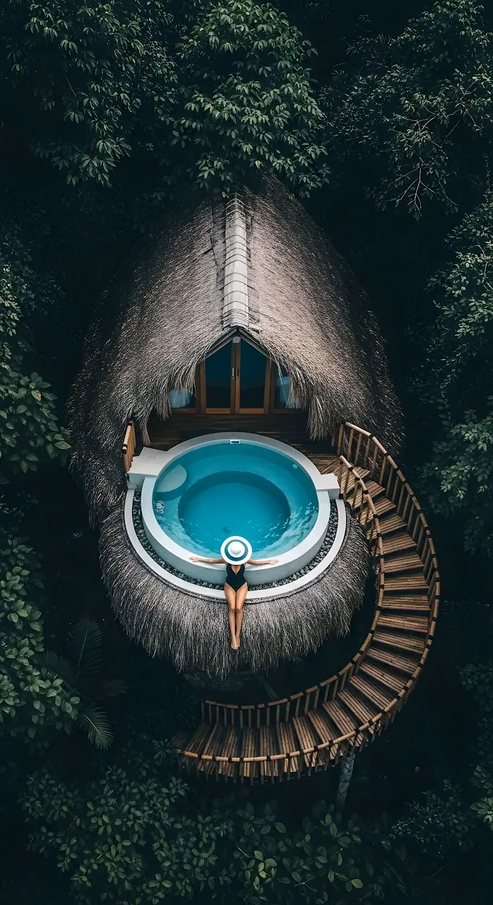 Tropical Treehouse Villa with Circular Plunge Pool - Free Mobile AMOLED Wallpaper Background