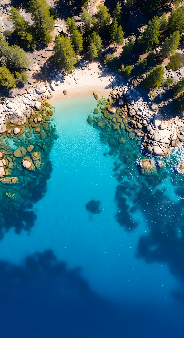 Turquoise Water Cove with Pine Trees and Boulders - Free Mobile AMOLED Wallpaper Background