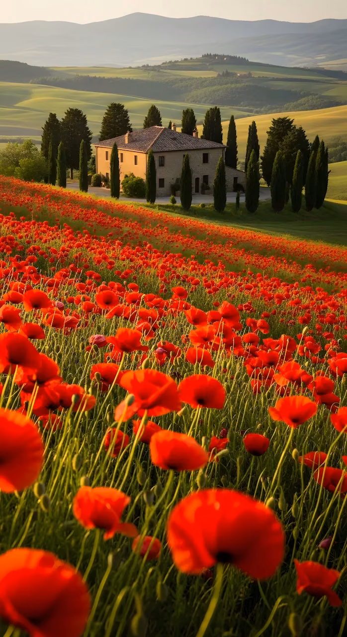 Tuscan Farmhouse Behind Vibrant Red Poppy Field at Golden Hour - Free Mobile AMOLED Wallpaper Background