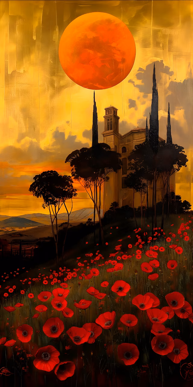 Tuscan Poppies Field Orange Sun Dramatic Painting - Free Mobile AMOLED Wallpaper Background
