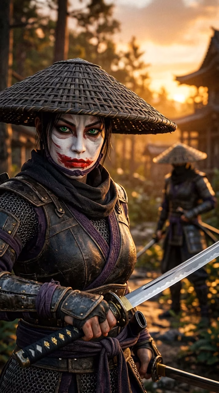 Two Female Japanese Shinobi Warriors with Straw Hats and Katanas - Free Mobile AMOLED Wallpaper Background