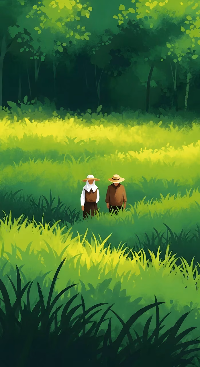 Two Figures in Lush Green Meadow Digital Art - Free Mobile AMOLED Wallpaper Background