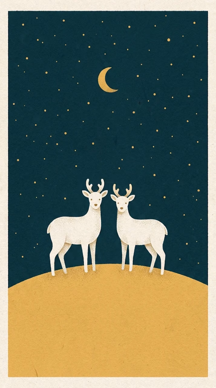 Two White Deer on Golden Grassy Hill Under Night Sky - Free Mobile AMOLED Wallpaper Background