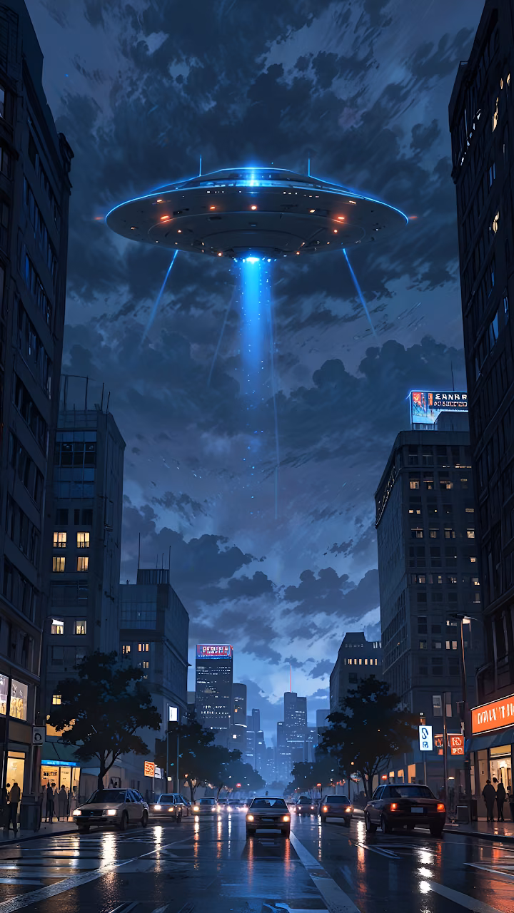 Download UFO Hovering Over Rainy City Street at Night with Blue Beam Wallpaper in Mobile HD UFO Hovering Over Rainy City Street at Night with Blue Beam - Free Mobile AMOLED Wallpaper Background