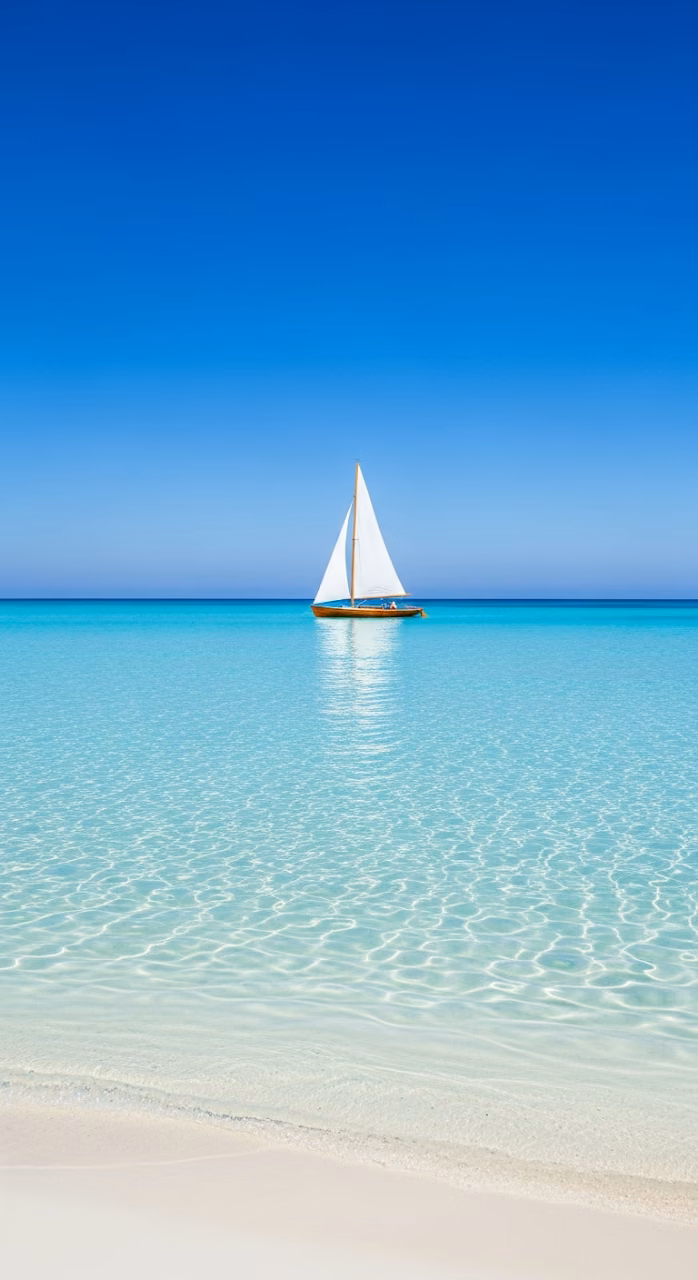 Ultra-Minimalist Vertical Image of a Small Sailboat Floating on Crystal Clear Turquoise Water Next to a White Sandbar - Free Mobile AMOLED Wallpaper Background