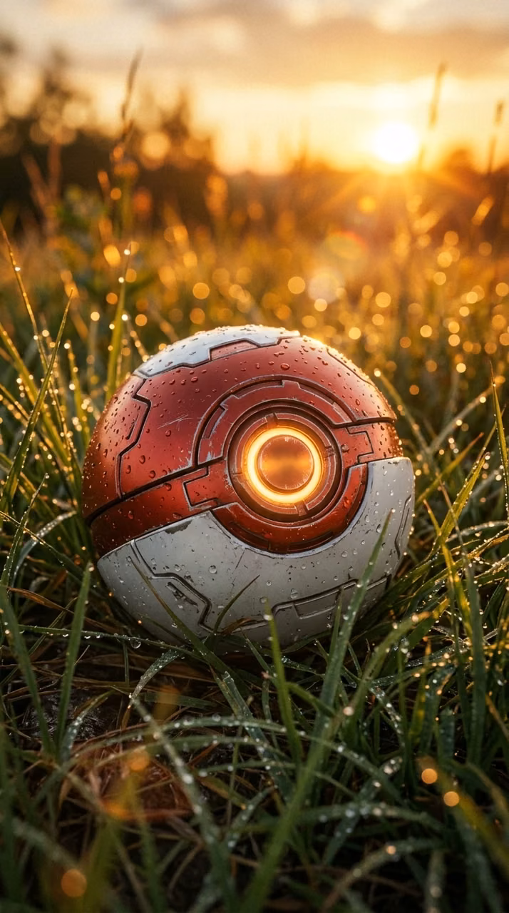 Ultra-Realistic 3D Render of a Red and White Capture Ball in Wet Grass - Free Mobile AMOLED Wallpaper Background