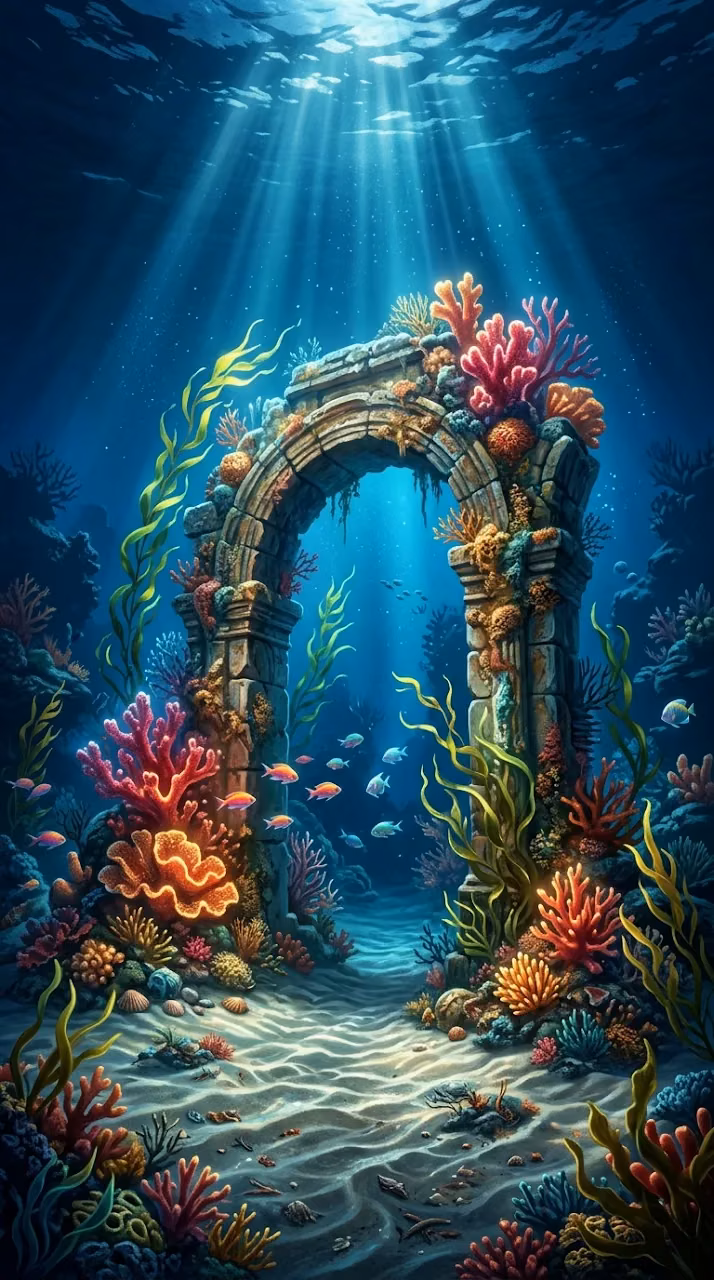 Underwater Coral Ruins and Ancient Lost Civilization Archway - Free Mobile AMOLED Wallpaper Background