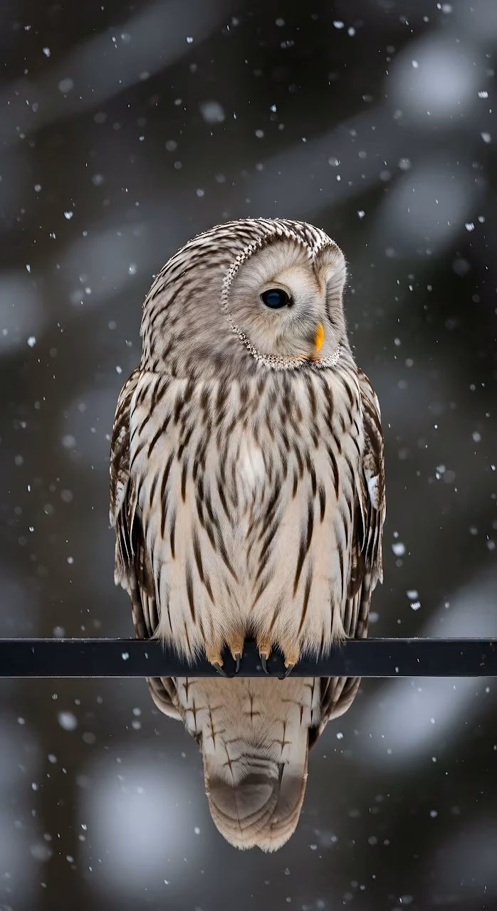 Ural Owl on Branch with Reflection in Falling Snow - Free Mobile AMOLED Wallpaper Background