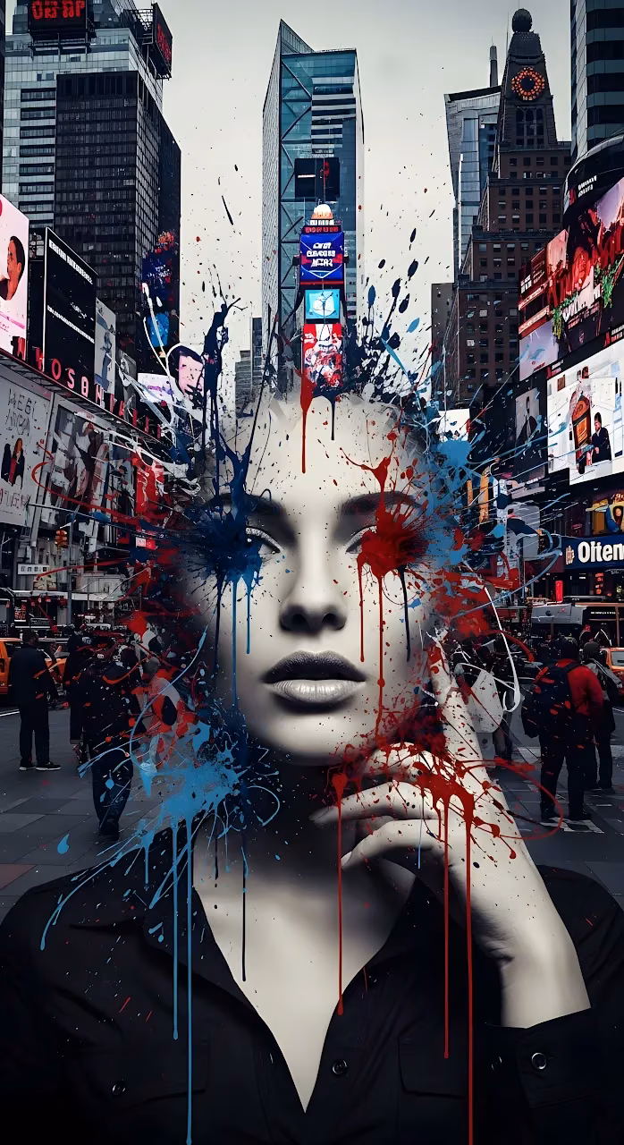 Urban Chaos Portrait Red Blue Paint Splatter NYC - Free Mobile AMOLED Wallpaper Background