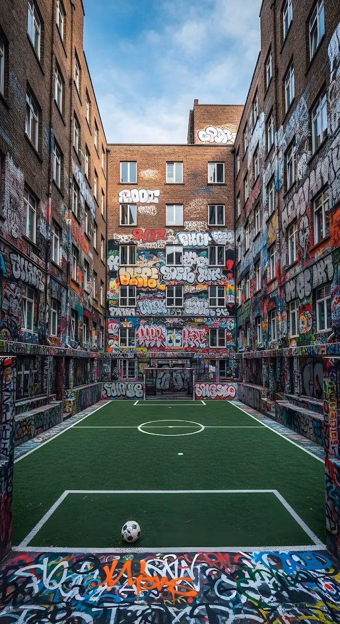 Urban Courtyard Football Pitch Covered in Graffiti - Free Mobile AMOLED Wallpaper Background