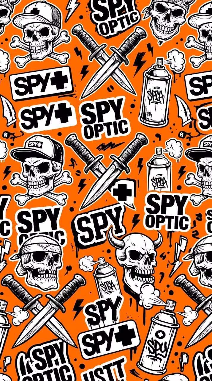 Urban Graphic Pattern of Skulls, Daggers, and Spyo Text on Orange - Free Mobile AMOLED Wallpaper Background