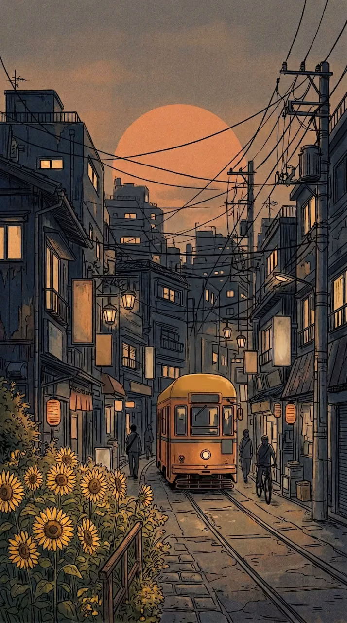Urban Japanese Street Scene with Sunflowers and Giant Orange Sun - Free Mobile AMOLED Wallpaper Background