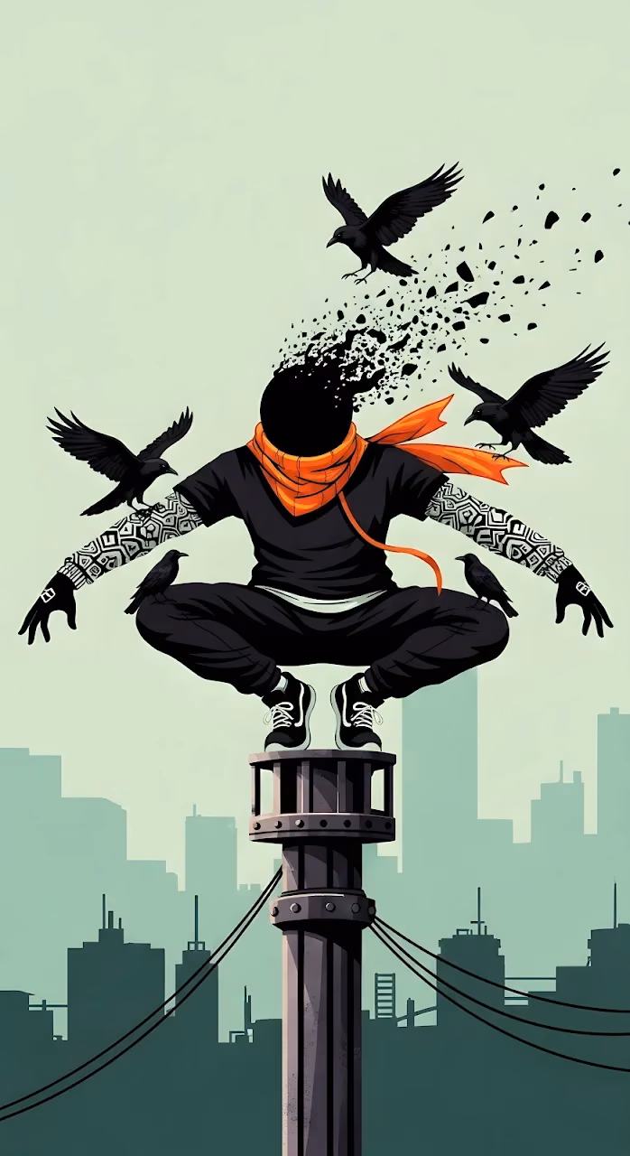Urban Warrior Disintegrating with Crows on City Pillar - Free Mobile AMOLED Wallpaper Background