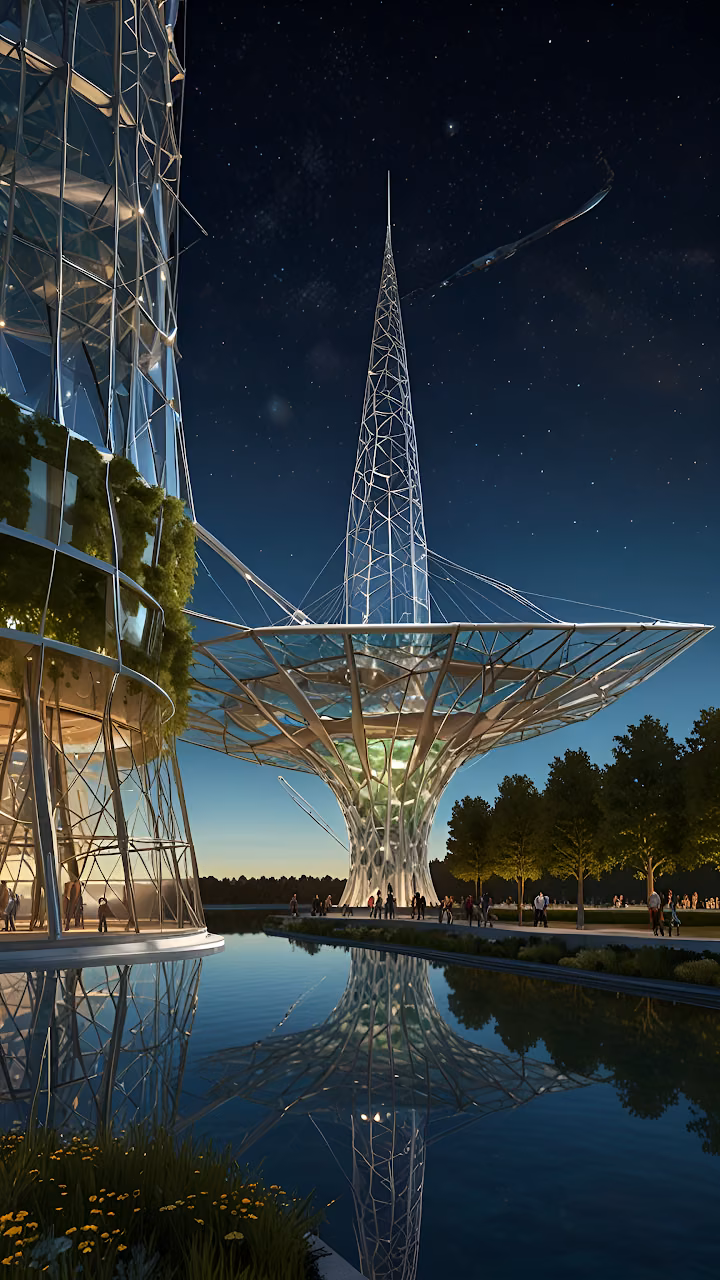 Download Utopian Future City Architecture Reflected Under Starry Sky Wallpaper in Mobile HD Utopian Future City Architecture Reflected Under Starry Sky - Free Mobile AMOLED Wallpaper Background