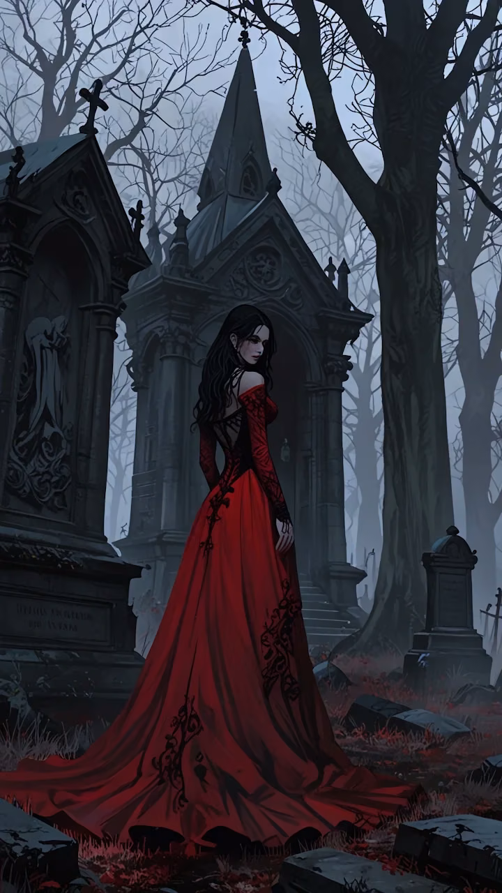 Download Vampire Lady in Red Gown at a Dark Mausoleum Wallpaper in Mobile HD Vampire Lady in Red Gown at a Dark Mausoleum - Free Mobile AMOLED Wallpaper Background
