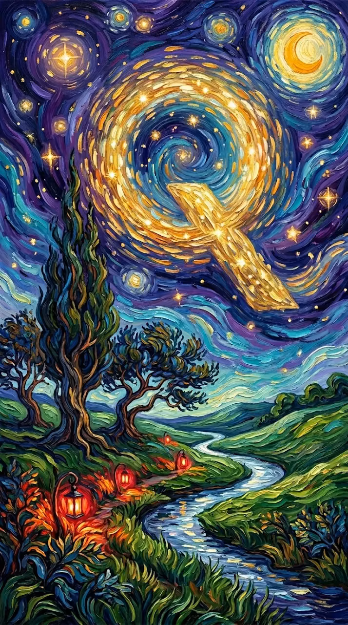 Van Gogh Inspired Starry Night with Indigo Q-Pattern Sky - Free Mobile AMOLED Wallpaper Background