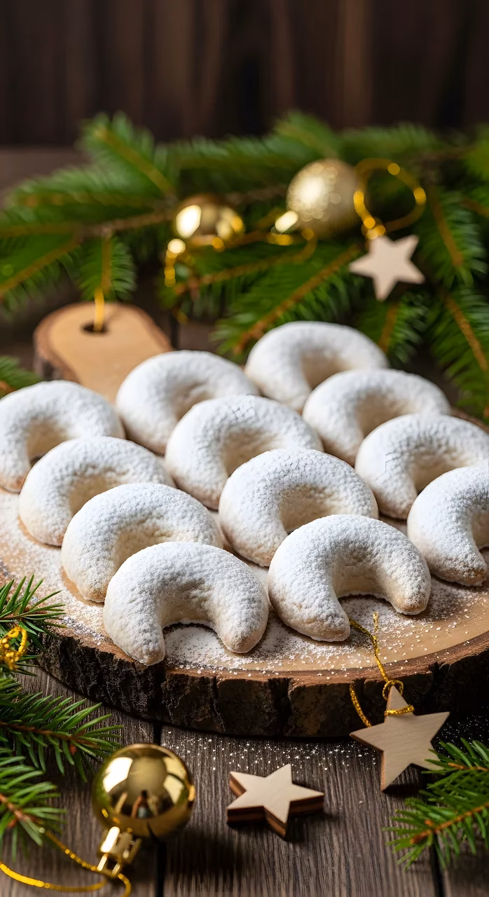 Vanillekipferl Christmas Cookies on Rustic Wood Board - Free Mobile AMOLED Wallpaper Background