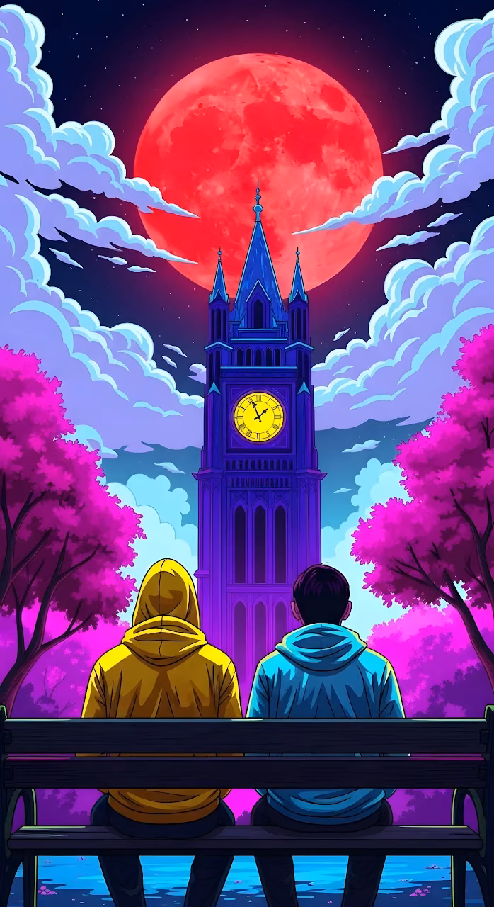 Vaporwave Couple Watching Blood Moon Over Clock Tower - Free Mobile AMOLED Wallpaper Background