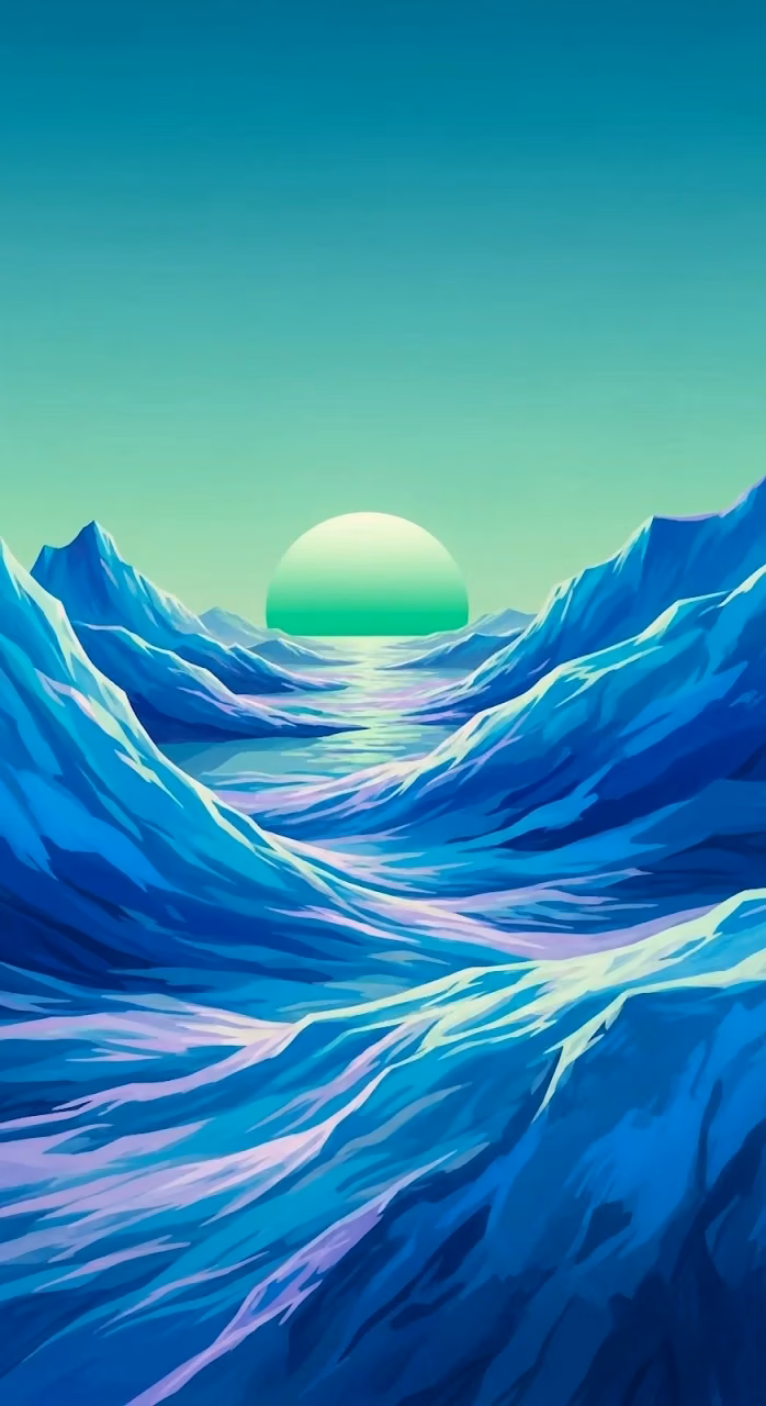 Vaporwave Landscape with Blue Waves and Green Sun Horizon - Free Mobile AMOLED Wallpaper Background