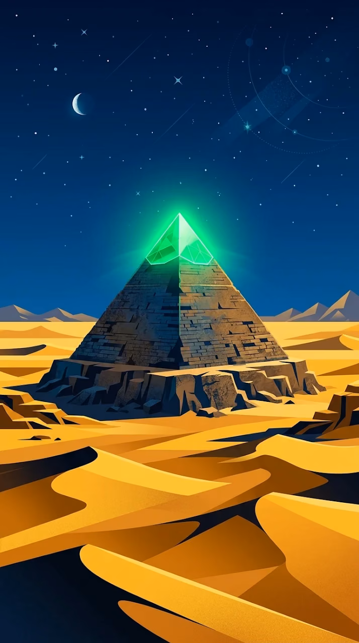 Download Vast Desert Landscape with Ancient Pyramid and Glowing Emerald Apex Wallpaper in Mobile HD Vast Desert Landscape with Ancient Pyramid and Glowing Emerald Apex - Free Mobile AMOLED Wallpaper Background