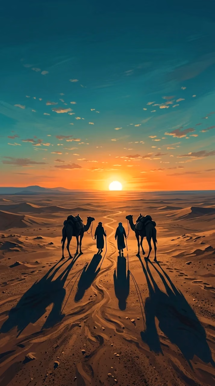 Vast Desert Landscape Illustration with Travelers and Camels at Sunset - Free Mobile AMOLED Wallpaper Background