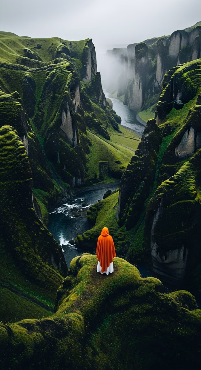Vast and Epic High-Angle View of a Person in an Orange Cloak Overlooking a Deep Green River Canyon in Heavy Mist - Free Mobile AMOLED Wallpaper Background