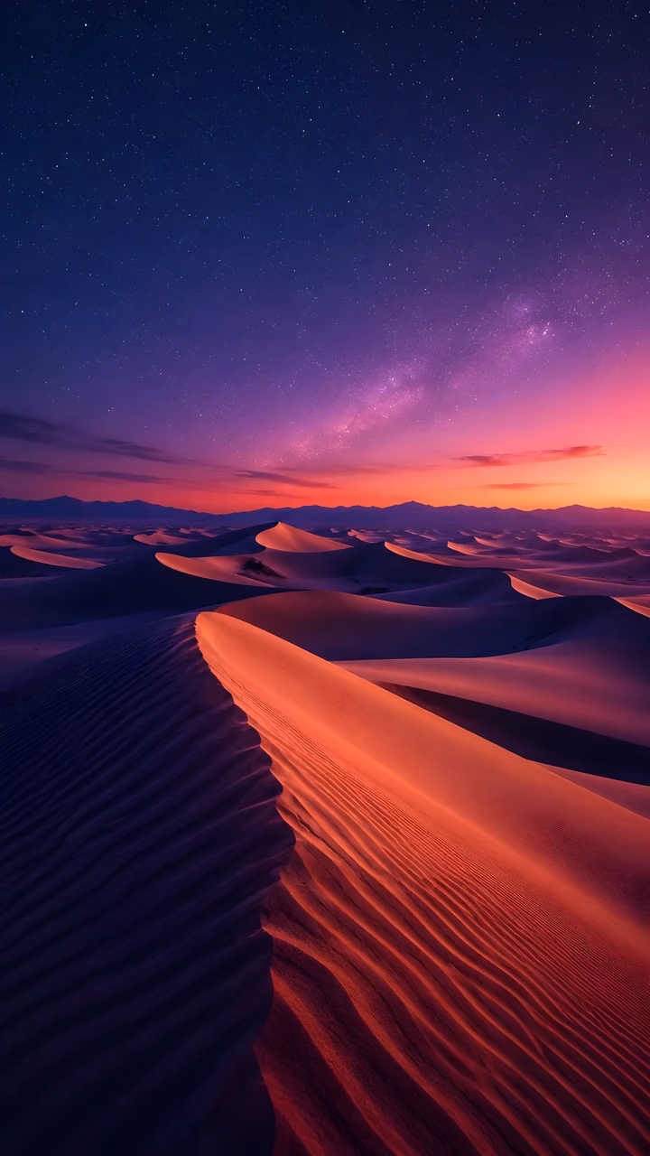 Download Vast sand dunes illuminated under starry twilight sky Wallpaper in Mobile HD Vast desert sand dunes under a starry night sky with purple twilight and red ambient light.