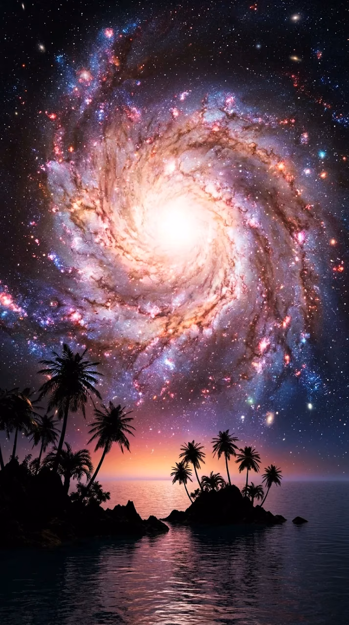 Download Vast Swirling Galaxy over Tranquil Ocean with Island Silhouettes Wallpaper in Mobile HD Vast Swirling Galaxy over Tranquil Ocean with Island Silhouettes - Free Mobile AMOLED Wallpaper Background