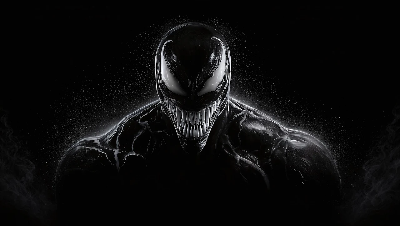 Download Venom Symbiote Dark Rim Light 4K Wallpaper in 4K UHD Black symbiote Venom grinning with sharp white teeth against a pitch black background under rim lighting.