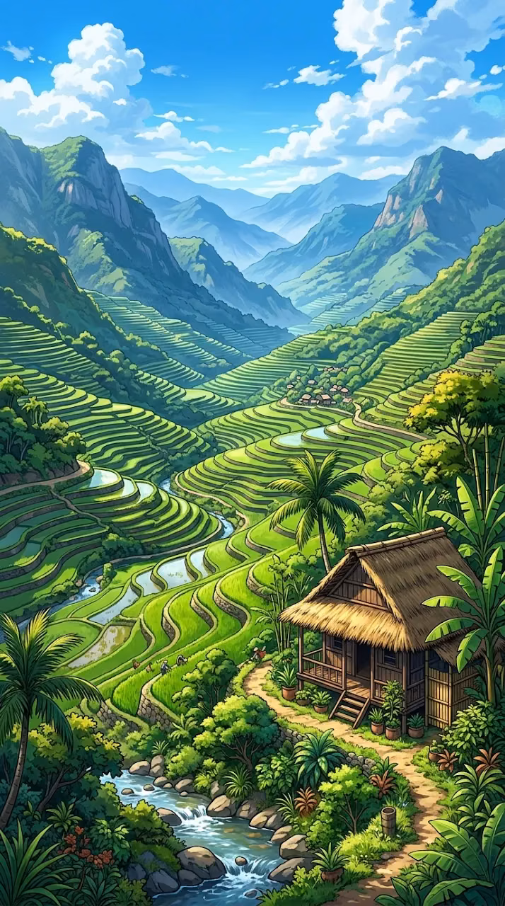 Download Verdant Rice Terraces and Traditional Mountain Hut Wallpaper in Mobile HD Verdant Rice Terraces and Traditional Mountain Hut - Free Mobile AMOLED Wallpaper Background